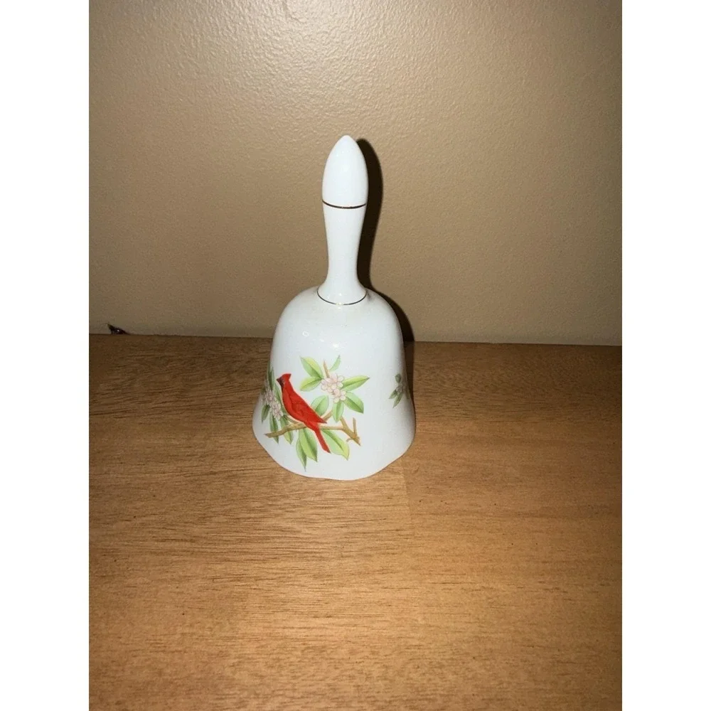 Vintage Lefton Japan Porcelain Bell Cardinal Bird Flowers Gold Trim 2601 5.5in